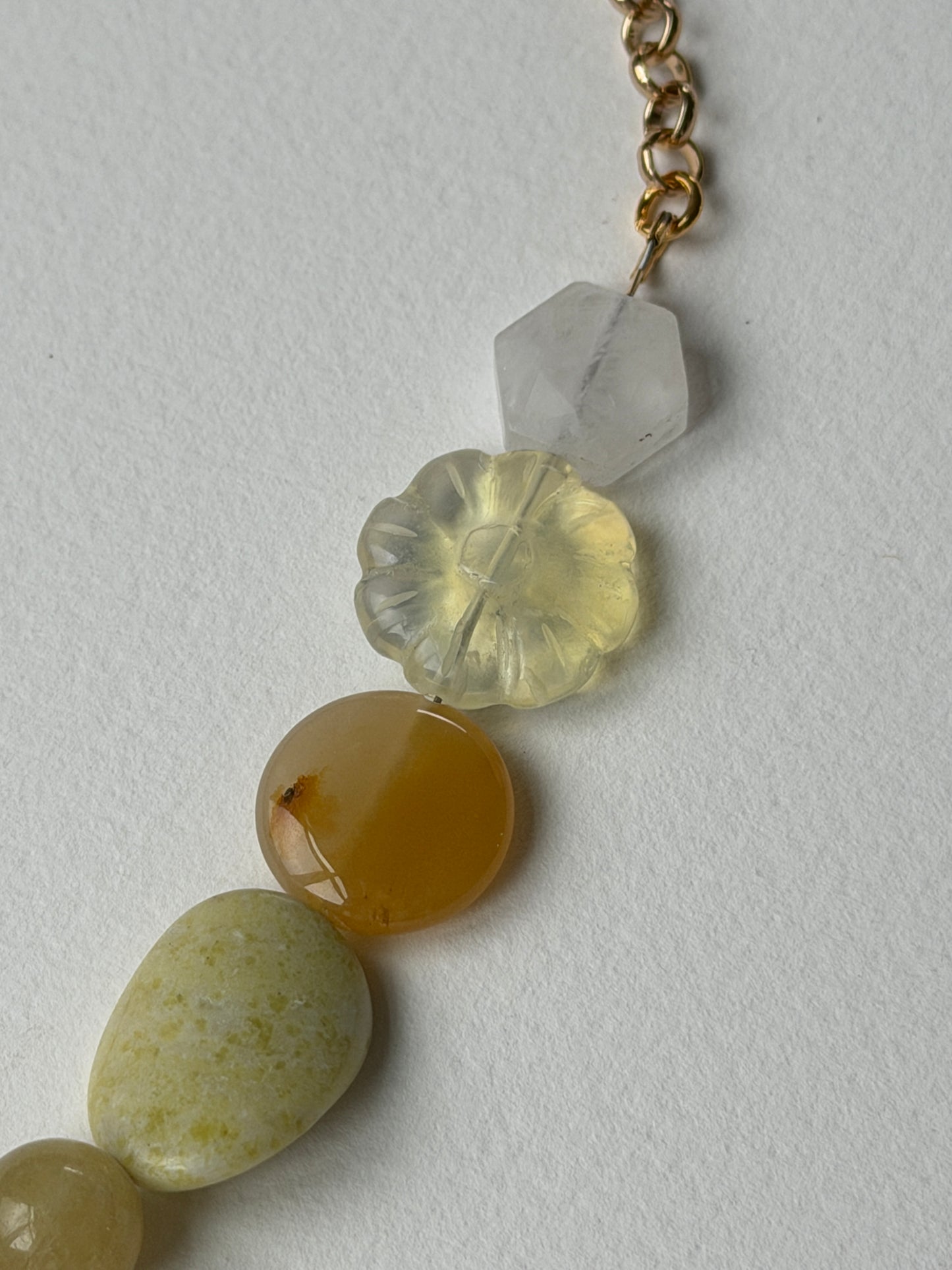 Meridian necklace close-up of yellow and clear stone beads