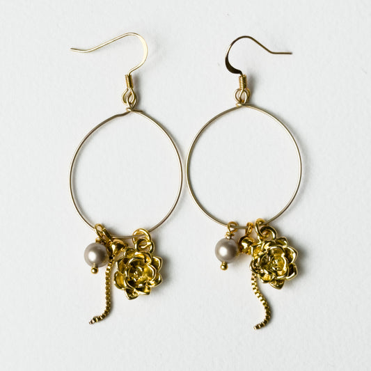 Aurelia gold hoop earrings with rose charm and pearl drop