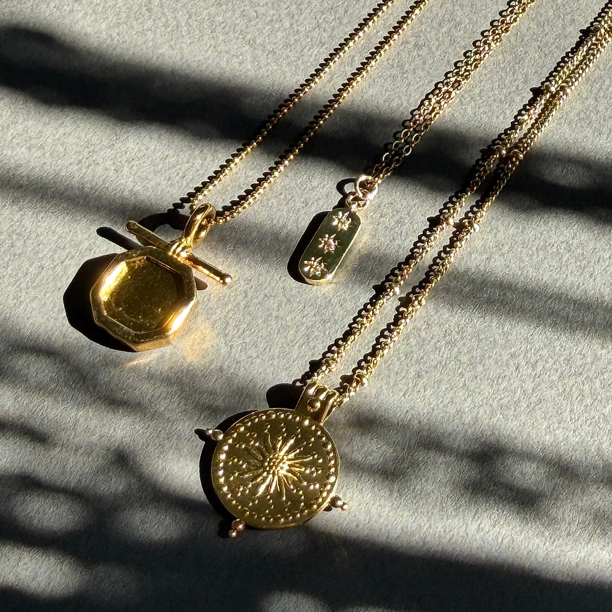 St. Moritz gold sunburst medallion necklace, gold-plated brass pendant on adjustable 16-18 inch chain