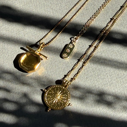 St. Moritz gold sunburst medallion necklace, gold-plated brass pendant on adjustable 16-18 inch chain